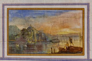 Détail de la décoration représentant un paysage, La Salle Rouge, Appartement Royal, Palais des Normands, Palerme, Sicile, Italie