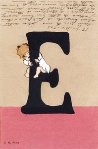 E comme enlacer, embrasser - Alphabet enfants. C. M. éditeur, Paris. Cartes postales peintes à la main, affranchies en 1904. Dimensions : 14 x 9 cm