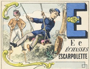 E : échasses, escarpolette - Alphabet des jeux, vers 1890 (illustration)