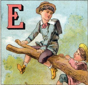 Lettres E : garçon en équilibre sur une branche d