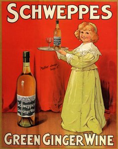 Affiche publicitaire anglaise pour les boissons Schweppes Green Ginger Wine