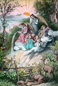 Gravure représentant des anges versant la rosée du matin, Allemagne années 1920