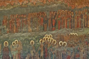 Europe, Roumanie, Bucarest, Cathédrale orthodoxe patriarcale (1656), fresque murale à côté de l