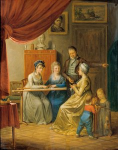Famille avec deux femmes au cadre de broderie