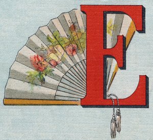 Éventail. Gravure dans « Alphabet de ma petite fille ». Bernardin-Bechet et Fils, libraires-éditeurs, Paris, vers 1895. Album incassable sur toile. Bibliothèque des Bébés. 12 pages. Album contenant une méthode de lecture et un abécédaire illustré
