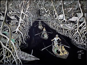 Musée des Beaux-Arts, Guerrillas de Ca Mau par Thai Ha, gravure sur laque, Ho Chi Minh Ville, Vietnam, 2018