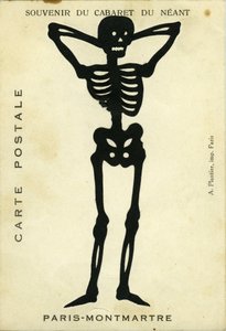 France, Île-de-France, Paris (75) : Publicité du cabaret du Néant de Montmartre représentant un squelette découpé