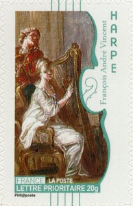 Timbre-poste français montrant une femme jouant de la harpe, d