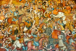 Fresque ; bataille ; bataille de Nadir Shah à la bataille de Karnal ; 1739 ; sur un cheval ; contre le sultan Mohammed Shah Gurkani sur un éléphant blanc ; Chehel Sotoun ; Palais des Quarante Colonnes ; Ispahan ; Iran ; Asie - Unbekannt