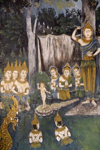 Fresque représentant une scène de la vie du Bouddha dans Wat Phra Doi Suthep, Chiang Mai. Thaïlande. Bouddha enfant