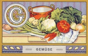 G : Gemuse - Alphabet Palmin. Série de chromolithographies éditées par H. Schlinck & Cie, Hambourg, s. d. Publicité pour Palmin feinstes Cocosfett. Dimensions : 7 x 11 cm - William M. Timlin