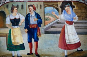 Scène galante avec personnages costumés, peinture sur panneau de bois, artisanat sicilien, Sicile, Italie, Détail