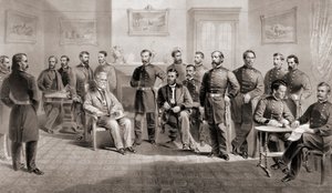 Le général Ulysses S. Grant (assis au centre droit) et le général Robert E. Lee (assis au centre gauche) avec leurs états-majors respectifs au palais de justice d