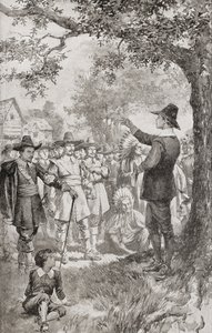 George Fox prêchant à une foule dans le Maryland, Amérique en 1671 lors d