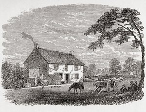 Lieu de naissance de George Stephenson. Cottage en pierre du XVIIIe siècle, maison de George Stephenson, Wylam, Northumberland, Angleterre, vu ici au XIXe siècle. De Great Engineers, publié vers 1890 - Unbekannter Künstler