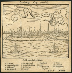 Allemagne, Hambourg, vue sur la ville, au premier plan le fleuve Elbe, illustration de la Cosmographia de Sebastian Muenster, vers 1570 (gravure)