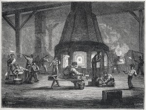 Fabrication de verre dans la seconde moitié du 19e siècle : les enfants travaillent, c. 1880 (gravure)