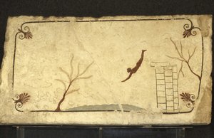 Art grec : Fresque de la Tombe du Plongeur, Paestum, Région de Campanie, Italie. Tomba del Tuffatore, mural, parc archéologique de Paestum, Campanie, Italie