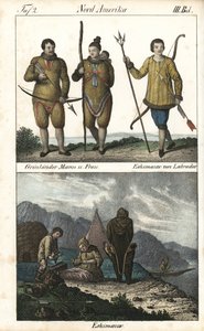 Habitants du Groenland portant des peaux et un Inuit du Labrador (Canada) avec un trident. En dessous, une scène quotidienne de la vie familiale inuit devant un igloo, une tente et un canoë, Amérique du Nord. Lithographie pour le livre : « Galerie complète