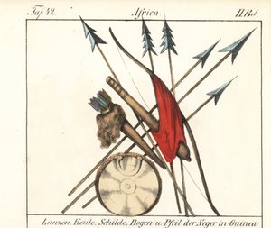 Armes de Guinée Conakry, lances, massues, arcs et flèches dans leur carquois, bouclier. Lithographie pour le livre : « Galerie complète en tableaux fidèles des peuples d