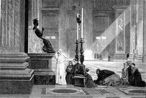 Histoire de la Rome antique. Le pape Pie IX en prière devant la statue de Saint Pierre dans la basilique du Vatican, gravure de G. Laplante 1867