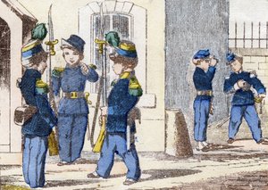 Chasseurs à pied. Gravure dans "Alphabet militaire enfantin". Imagerie de Pont-à-Mousson, vers 1890. 20 pages. Dim : 28,5x21 cm.