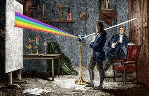 Isaac Newton dispersant la lumière avec un prisme de verre