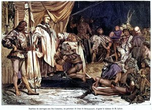 Jean de Béthencourt, gentilhomme normand, baron de Saint Martin le Gaillard, a conquis et christianisé les îles Canaries en janvier 1405, du magazine “Sur terre et sur mer” n°28, 8 janvier - Unbekannter Künstler
