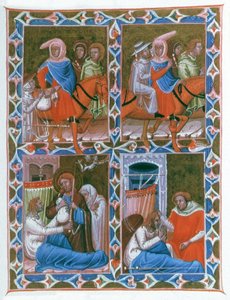 Chevalier de Lyon à Compostelle, prend une vieille femme et un homme malade. Le Christ puis Saint Jacques apparaissent au chevalier mourant
