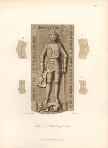 Chevalier en armure du 15ème siècle, avec des détails des attaches sur les genoux et les coudes - Pierre tombale de Peter von Stettenberg, décédé en 1441 - Chromolithographie, dessin de Jakob Heinrich von Hefner-Alteneck pour son livre « Costumes, métiers  - Unbekannter Künstler