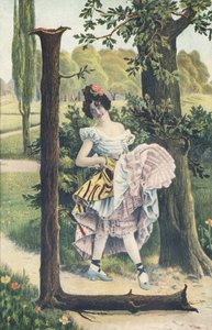 L : Une femme portant des fleurs dans les cheveux relève ses jupons pour esquisser un pas de danse. Décor champêtre - Alphabet personnages Ref Th. E., L. Theochrom - Série 994. Theodor Eisman, éditeur, Leipzig