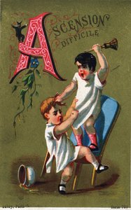 Lettre A: Ascension difficile. Gravure dans "Alphabet des grotesques". Série de 25 chromolithographies publicitaires sur fond doré, fin 19ème siècle.