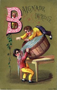 Lettre B : Bain imprévu. Gravure dans "Alphabet des grotesques". Série de 25 chromolithographies publicitaires sur fond doré, fin 19e siècle.