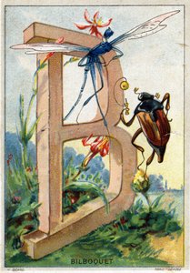 Lettre B comme Bilboquet. Alphabet artistique de M. Marinier. Édité par Henry Sicard, fin du 19ème siècle. Chromolithographies publicitaires pour des produits vendus en pharmacie. Dim: 12,5 x 9 cm