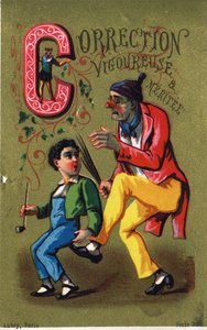 Lettre C : Correction forte et méritée. Gravure dans "Alphabet des grotesques". Série de 25 chromolithographies publicitaires sur fond doré, fin 19e siècle.