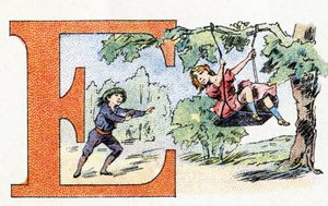 Lettre E : Escarpolette. Alphabet de Phosphatine Falières. Gravure. Breveté alphabet S.G.D.G. par le pharmacien Pierre Émile Falières. Illustrations en chromolithographie, fin 19ème siècle.