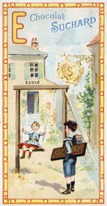 Lettre E : école, enfants, escarpolette, badge, enseigne, entrée, échelle, écolier. Gravure de l