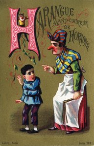 Lettre H: Harangue avant horion. Gravure dans "Alphabet des grotesques". Série de 25 chromolithographies publicitaires sur fond doré, fin 19ème siècle.