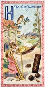 Lettre H : hôtel, hibou, hamac, harpe, hache, hérisson, houblon, haltères, hameau. Gravure de l