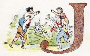 Lettre J : Jeu. Alphabet de Phosphatine Falières. Gravure. Alphabet breveté S.G.D.G. par le pharmacien Pierre Émile Falières. Illustrations en chromolithographie, fin 19ème siècle. 16 pages. Dim : 103x154 mm.