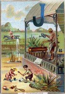 Lettre J : jardin; jeu; jouets; jockey; jardinier; jumelles; jet; journal. Alphabet. Dans chaque image, il y a un certain nombre de mots illustres dont les représentations sont mises en scène. Chromolithographies de la Lithographie parisienne, vers 1890. D - Unbekannt