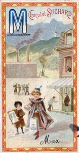 Lettre M : montagne, miroir, machine, manufacture, manteau, mendiant, moulin. Gravure de l