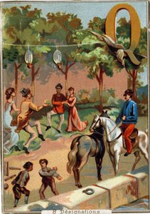 Lettre Q : quadrille ; querelle ; bowling ; quenouille ; quinquets ; quatre ; quai. Alphabet. Dans chaque image, il y a un certain nombre de mots illustres dont les représentations sont mises en scène. Chromolithographies de la Lithographie parisienne, ver