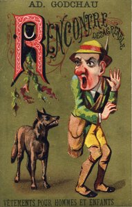 Lettre R : Rencontre désagréable. Gravure dans "Alphabet des grotesques". Série de 25 chromolithographies publicitaires sur fond doré, fin 19e siècle. - Unbekannt