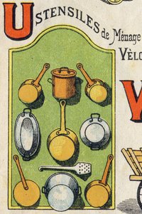 Lettre U. Cocotte, poêle, écureuil, casserole... Gravure dans « ABC Toys ». Imagerie d