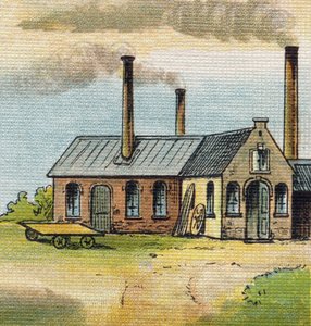 Lettre U : Usine. Gravure dans « Alphabet de ma petite fille ». Bernardin-Bechet et Fils, libraires-éditeurs, Paris, vers 1895. Album incassable sur toile. Bibliothèque des Bébés. 12 pages. Album contenant une méthode de lecture et un abécédaire illustré