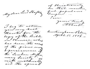 Lettre du prince consort Albert à Anthony Ashley-Cooper, comte de Shaftesbury, le remerciant pour une copie de la Bible en chinois, écrite depuis le palais de Buckingham - Unbekannt