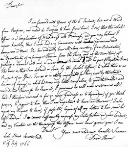 Lettre écrite par David Hume à Richard Davenport faisant référence aux grandes difficultés de sa relation avec Jean-Jacques Rousseau, au refus de Rousseau d