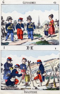 Lettres G H I : gendarmes et infanterie. Gravure dans "Alphabet militaire enfantin". Imagerie de Pont-à-Mousson, vers 1890. 20 pages