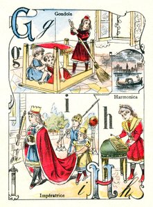 Lettres G, I et H. Enfants jouant à la gondole, impératrice et harmonica. Gravure dans "Alphabet amusant". Imagerie de Pont-à-Mousson. Impression et édition Louis Vagne, fin du 19ème siècle